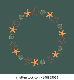 Hand drawn wreath with seashells and starfishes. Vector doodle illustration for greeting cards 
