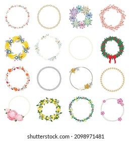 Juego de coronas dibujadas a mano hecho en vectores.Hojas y guirnaldas florales.Elementos de diseño floral románticos.Colección de varios marcos redondos.