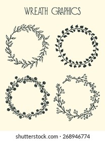 Hand drawn wreath set made in vector. Leaves, flowers and berries garlands. Romantic floral design elements.