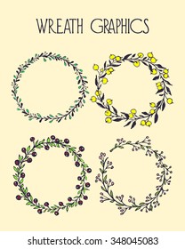 Hand drawn wreath set made in vector with stamp effect. Leaves and berries garlands. Romantic floral design elements.