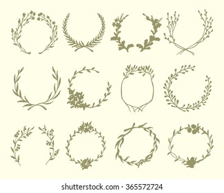 Hand drawn wreath set made in vector. Leaves and flowers garlands. Romantic floral design elements.