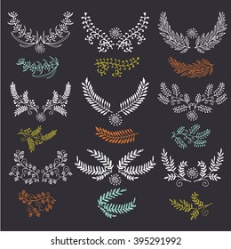 Hand drawn wreath set made in vector. Leaves and flowers garlands. Romantic floral design elements.
