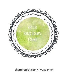 Hand drawn wreath set made in vector. Leaves garlands. Romantic floral design elements with watercolor green background.