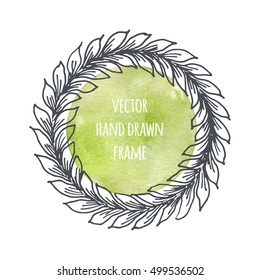 Hand drawn wreath set made in vector. Leaves garlands. Romantic floral design elements with watercolor green background.