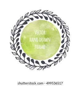 Hand drawn wreath set made in vector. Leaves garlands. Romantic floral design elements with watercolor green background.