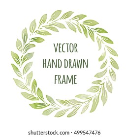 Hand drawn wreath set made in vector. Leaves garlands. Romantic floral design elements with watercolor green background.