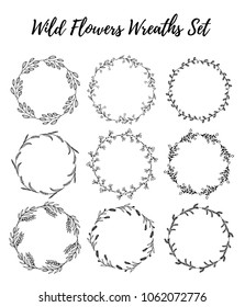 Hand drawn wreath set of vector design. Leaves and flowers garlands. Wild floral design elements.