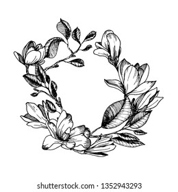 Hand drawn wreath with spring branches, magnolia flowers and leaves