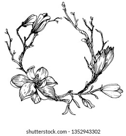 Hand drawn wreath with spring branches, magnolia flowers and buds