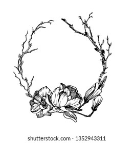 Hand drawn wreath with spring branches and magnolia flowers