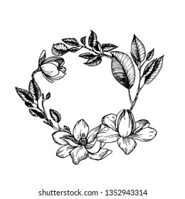 Hand drawn wreath with spring branches, magnolia flowers and leaves