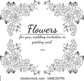 Hand drawn wreath of tropical leaves and flowers isolated on white background. Exotic botanical design vector elements for wedding invitation cards, cosmetics, spa, perfume, beauty salon. Outline