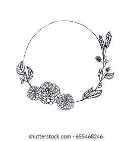 Hand drawn wreath in vector. Leaves and flowers garlands. Romantic floral design elements. Floral frame.