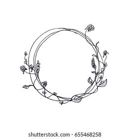 Hand drawn wreath in vector. Leaves and flowers garlands. Romantic floral design elements. Floral frame.