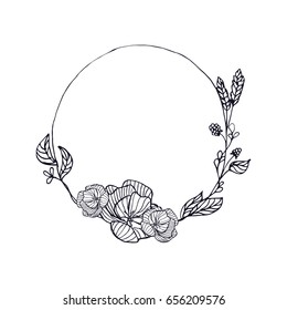 Hand drawn wreath in vector. Leaves and flowers garlands. Romantic floral design elements. Floral frame.