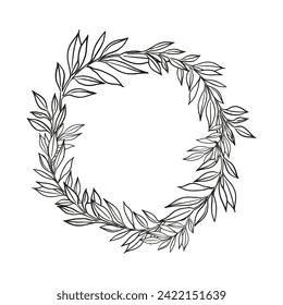 hand drawn wreath with vector plants, brunch of flowers, sketch of leaves, herbs, grass, inked silhouette of leaves, monochrome illustration isolated on white background