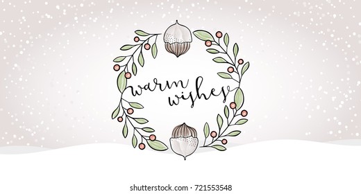 Hand drawn wreath with watercolor elements and christmas greetings