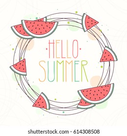 Hand Drawn Wreath with Watermelon and Hello Summer Text, Vector Illustration.