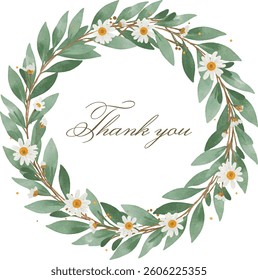 Hand drawn wreath with white spring flowers. Watercolor round frame.