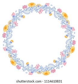 Hand drawn wreath with yellow, pink flower and grass. Decoration template wreath for cards, greetings, invitation, announcements, anniversary. Botanical vector illustration