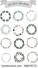 Hand drawn wreaths collection. Stylish floral templates for your design. Nature background. Vector illustration.