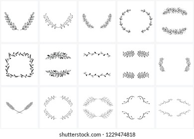 Hand Drawn Wreaths and Frames bundle for logo creating, wedding invitations and greetings cards. Floral frames, wreaths. Leaves, swirls, floral elements. 