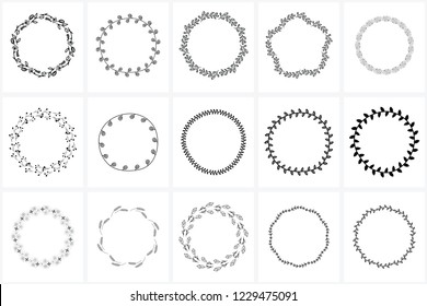 Hand Drawn Wreaths and Frames bundle for logo creating, wedding invitations and greetings cards. Floral frames, wreaths. Leaves, swirls, floral elements. 