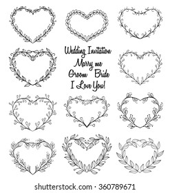 hand drawn wreaths in heart shape frame. doodle vector illustration