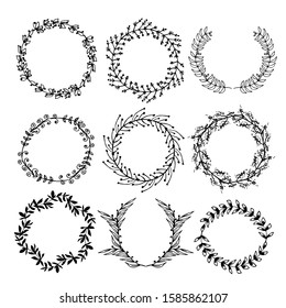 Hand drawn wreaths and laurels collection. Natural plants and floral design elements. Leaves and flowers garlands. Romantic floral design elements.