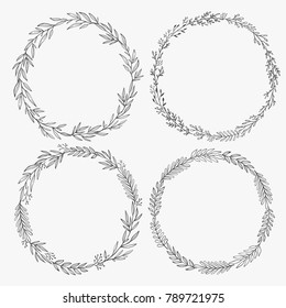 Hand drawn wreaths vector. Romantic floral design element. Floral circle frames made of branches, leaves, twigs. 