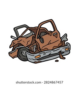 Hand drawn wrecked rusty car scrap doodle for junkyard business flyer and vehicle recycling poster