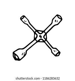 Hand drawn wrench for wheels doodle icon. Hand drawn black sketch. Sign symbol. Decoration element. White background. Isolated. Flat design. Vector illustration.
