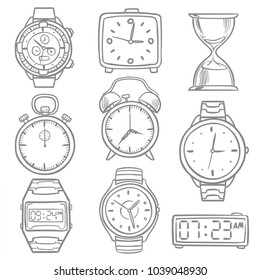 Hand drawn wristwatch, doodle sketch watches, alarm clocks and timepiece vector set. Illustration of time and watch, stopwatch sketch and digital wristwatch