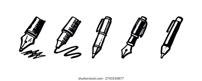 Hand Drawn Writing Pen Icons Set: Sketchy Fountain Pen, Ballpoint, and Art Pen Symbols for Creative Tasks