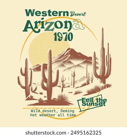 
dibujo a mano y escritura a mano Western Desert Arizona ilustración gráfica de Vector, diseño de impresión de camiseta del desierto, su impresión de verano, tipografía eslogan texto de arte, Vector abstracto, puesta de sol de la naturaleza