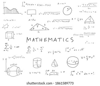 Hand Drawn And Written Mathematics Clip Art Including Algebra, Geometry, Trigonometry, And Calculus Equations And Figures. Black Writing On A White Background.