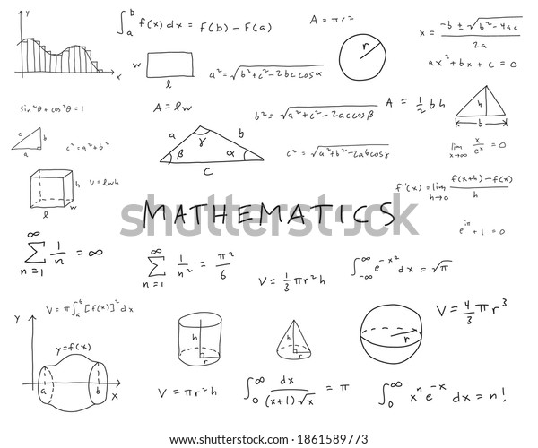 Hand drawn and written mathematics\
clip art including algebra, geometry, trigonometry, and calculus\
equations and figures. Black writing on a white\
background.