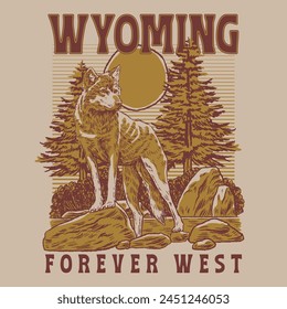 HAND DRAWN WYOMING WOLF USA AMERICA NATURE ANIMAL TRAVEL DESTINATION FOREST MOUNTAIN OUTDOORS VINTAGE TSHIRT TEE PRINT FOR APPAREL MERCHANDISE