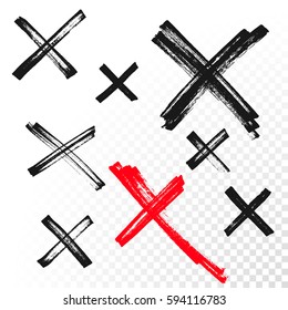 Hand drawn X cross reject or cancel mark or criss-cross sign. Hand drawn paint brush or red highlighter crossed lines vector icons set for rejection or no choice and refuse symbol