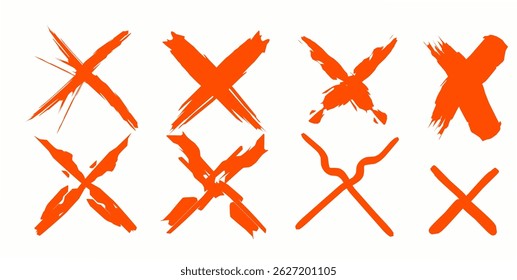 conjunto de marcas x desenhadas à mão. Conjunto de ícones de vetor transversal laranja x. Nenhum símbolo errado de exclusão, ícone x laranja no estilo rabiscar