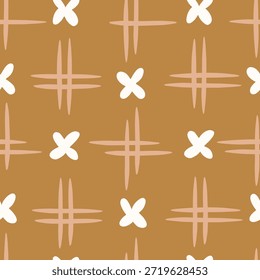 Hand drawn x marks and double-crossed parallel lines forming an abstract floral checks pattern in colors of cream and off white on brown background. Botanical seamless vector pattern. Great for home decor, fabric, wallpaper, gift wrap, stationery, packaging design projects.