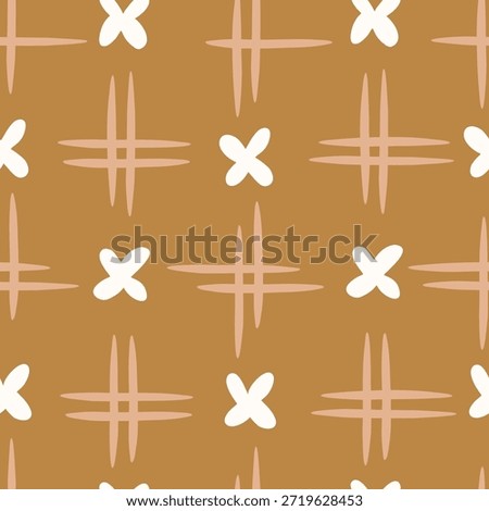 Hand drawn x marks and double-crossed parallel lines forming an abstract floral checks pattern in colors of cream and off white on brown background. Botanical seamless vector pattern. Great for home decor, fabric, wallpaper, gift wrap, stationery, packaging design projects.