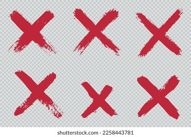Marcas x dibujadas a mano.Juego de pincel de pintura rojo x signo.