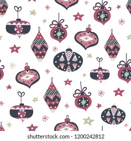 Hand drawn Xmas balls with geometric ornament. Merry Christmas balls seamless pattern. Christmas card template. Winter holiday design element. Vector illustration.