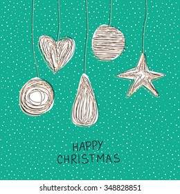 Hand drawn Xmas decorations over snowy background and "Happy Christmas" words