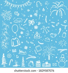 Hand drawn xmas elements. Holiday christmas signs and objects on pattern. Happy New Year
