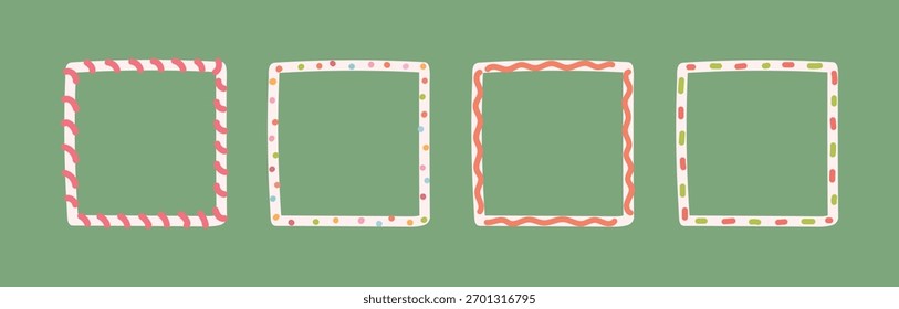 Handgezeichnetes Weihnachtsrahmenset mit Doodle-Bögen, Bändern, Lichtern. Whimsical Linie Grenzen für Frohe Weihnachten, Neujahr, Geburtstag, Hochzeit, Poster. Vintage minimalistische Vektorgrafik.

