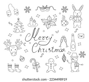 Hand drawn xmas illustrations.Set of christmas new year . Vector doodle illustration