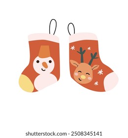 Hand drawn xmas socks with candy and present. Cartoon flat illustration isolated. Santa socks for childrens. Happy holiday element.