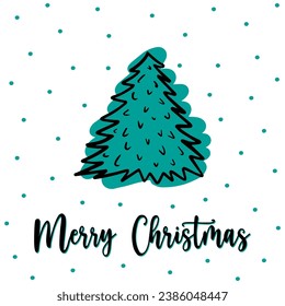 Tarjeta de bienvenida de árbol de navidad dibujada a mano con letras de Feliz Navidad. Árbol de abetos de contorno dibujado a mano con nevada en el fondo. Árbol de abeto de línea delgada dibujado a mano en estilo minimalista, abeto de contorno dibujado a mano